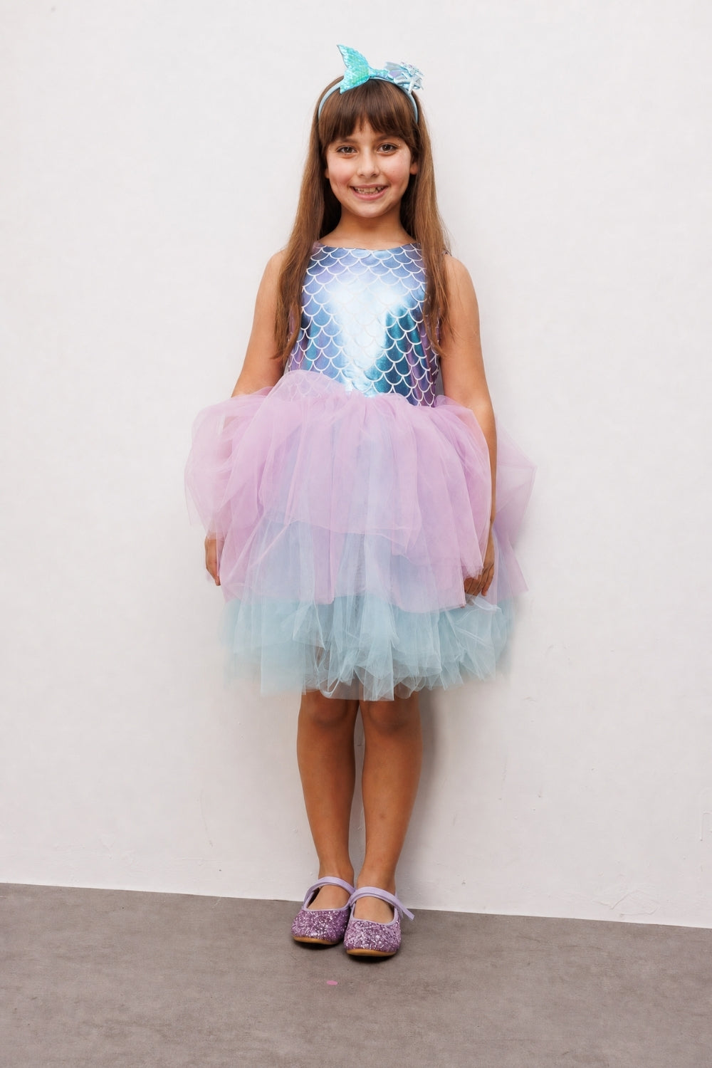 Carey Girls’ Lilac Mermaid Print Tulle Dress & Mermaid Crown Set