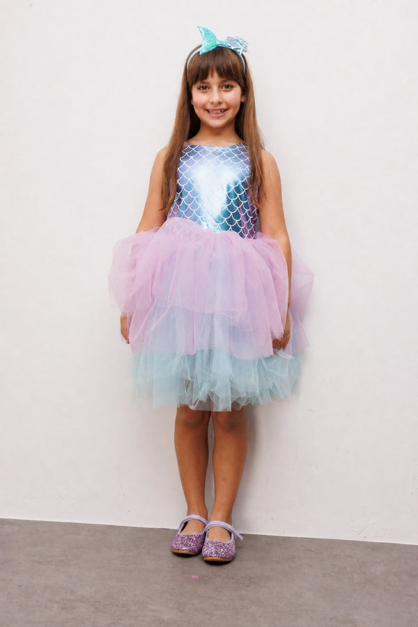 Carey Girls’ Lilac Mermaid Print Tulle Dress & Mermaid Crown Set