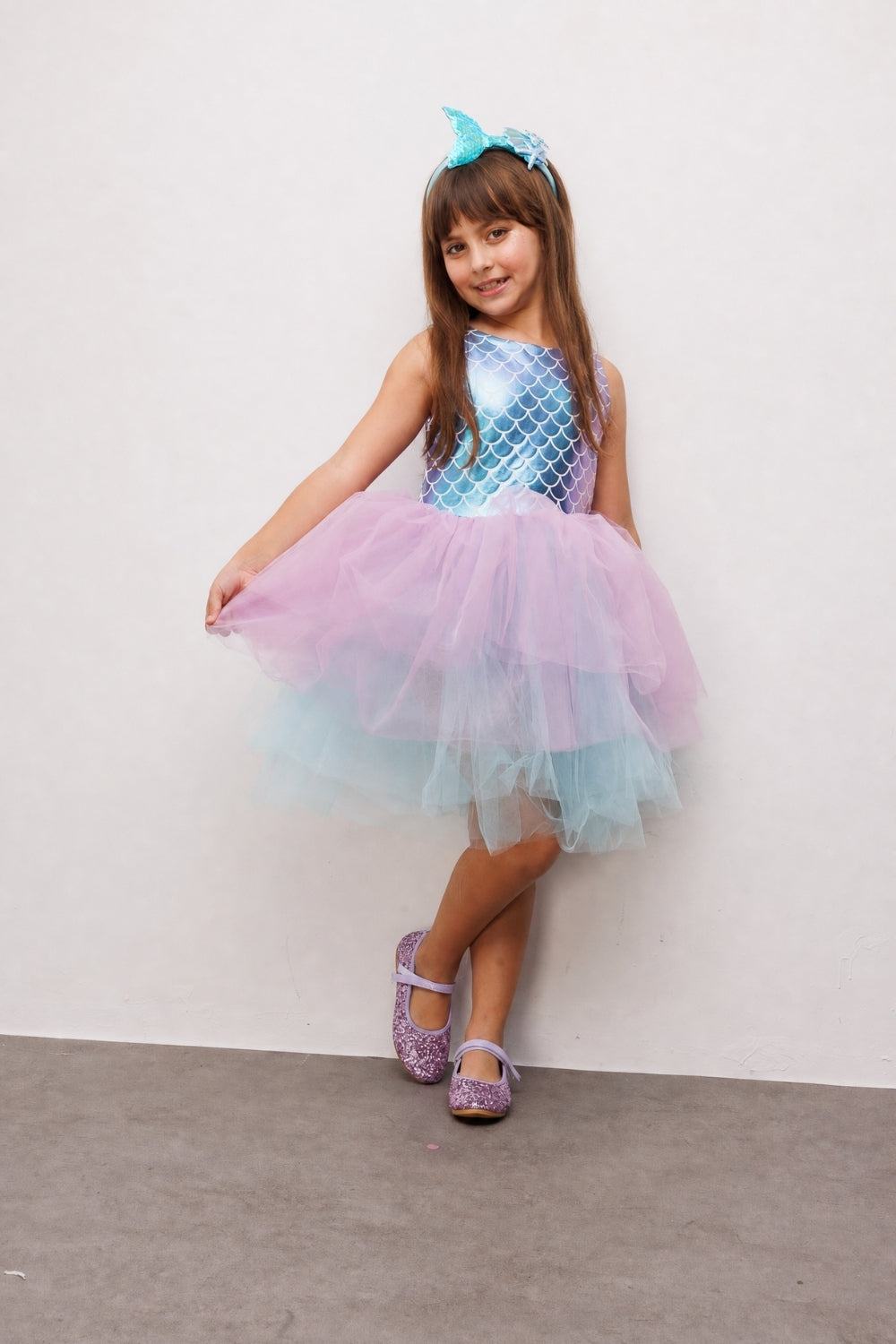 Carey Girls’ Lilac Mermaid Print Tulle Dress & Mermaid Crown Set