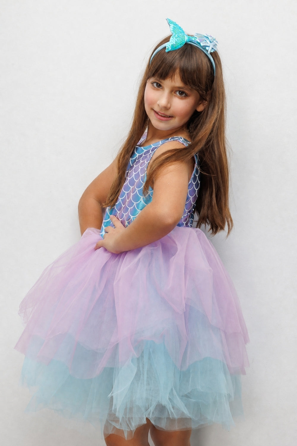 Carey Girls’ Lilac Mermaid Print Tulle Dress & Mermaid Crown Set