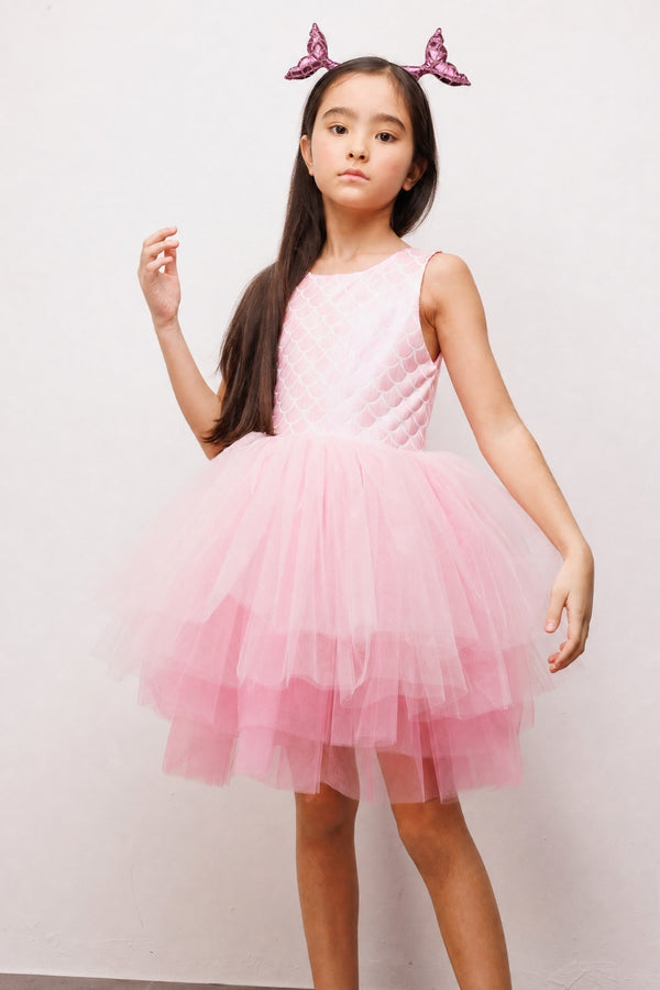 Carey Girls’ Pink Mermaid Print Tulle Dress & Mermaid Crown Set
