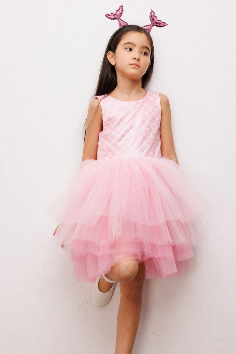 Carey Girls’ Pink Mermaid Print Tulle Dress & Mermaid Crown Set