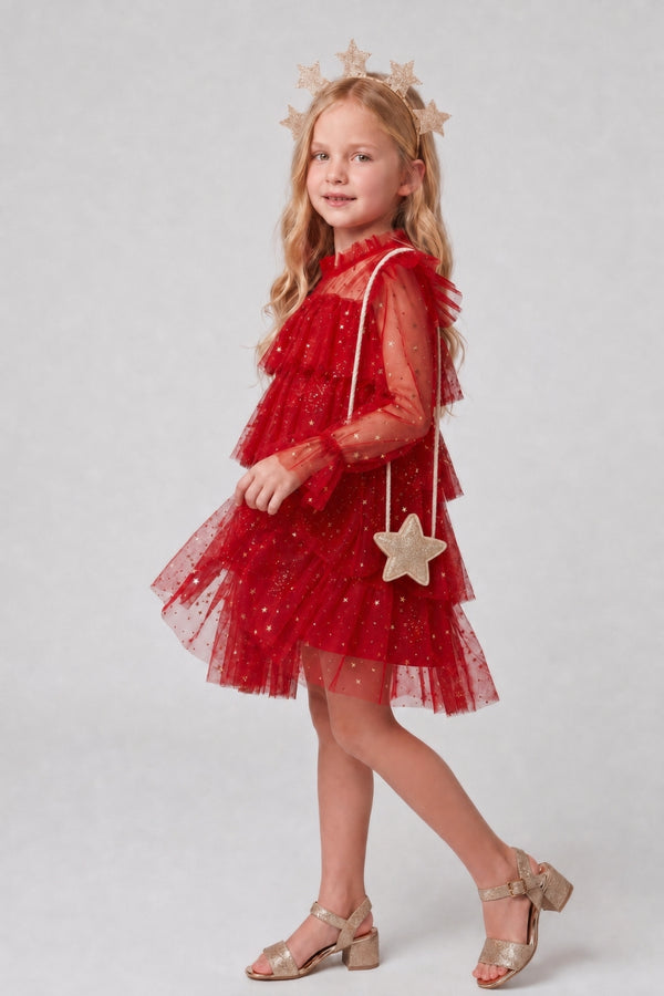 Chloe Girls’ Red Star Print Tiered Dress, Gold Star Crown & Bag Set