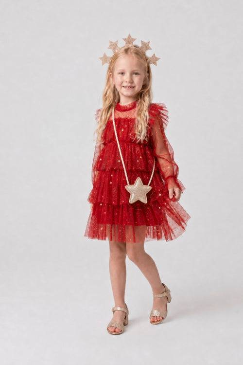 Chloe Girls’ Red Star Print Tiered Dress, Gold Star Crown & Bag Set