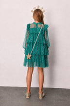 Chloe Girls’ Green Star Print Tiered Dress, Gold Star Crown & Bag Set