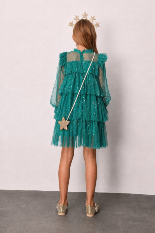 Chloe Girls’ Green Star Print Tiered Dress, Gold Star Crown & Bag Set