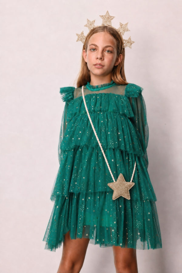 Chloe Girls’ Green Star Print Tiered Dress, Gold Star Crown & Bag Set