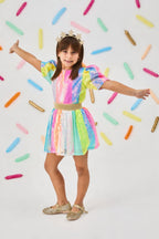 Dena Girls’ Multicolor Rainbow Sequin Skirt, Top & Gold Star Crown Set