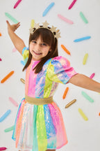 Dena Girls’ Multicolor Rainbow Sequin Skirt, Top & Gold Star Crown Set