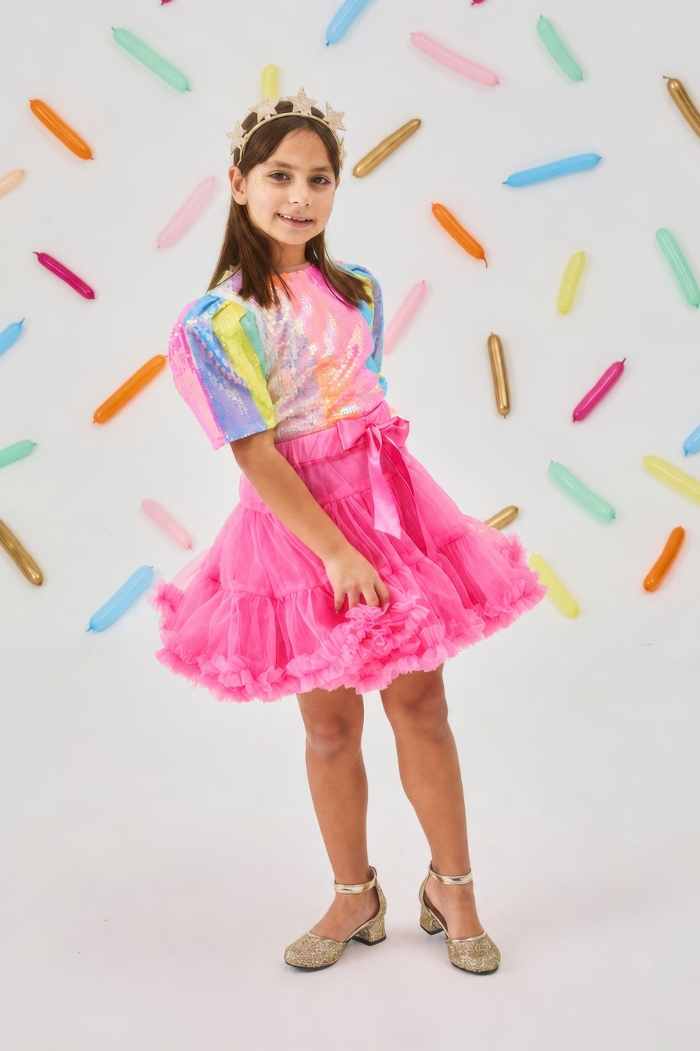 Dena Girls’ Multicolor Rainbow Sequin Skirt, Top & Gold Star Crown Set