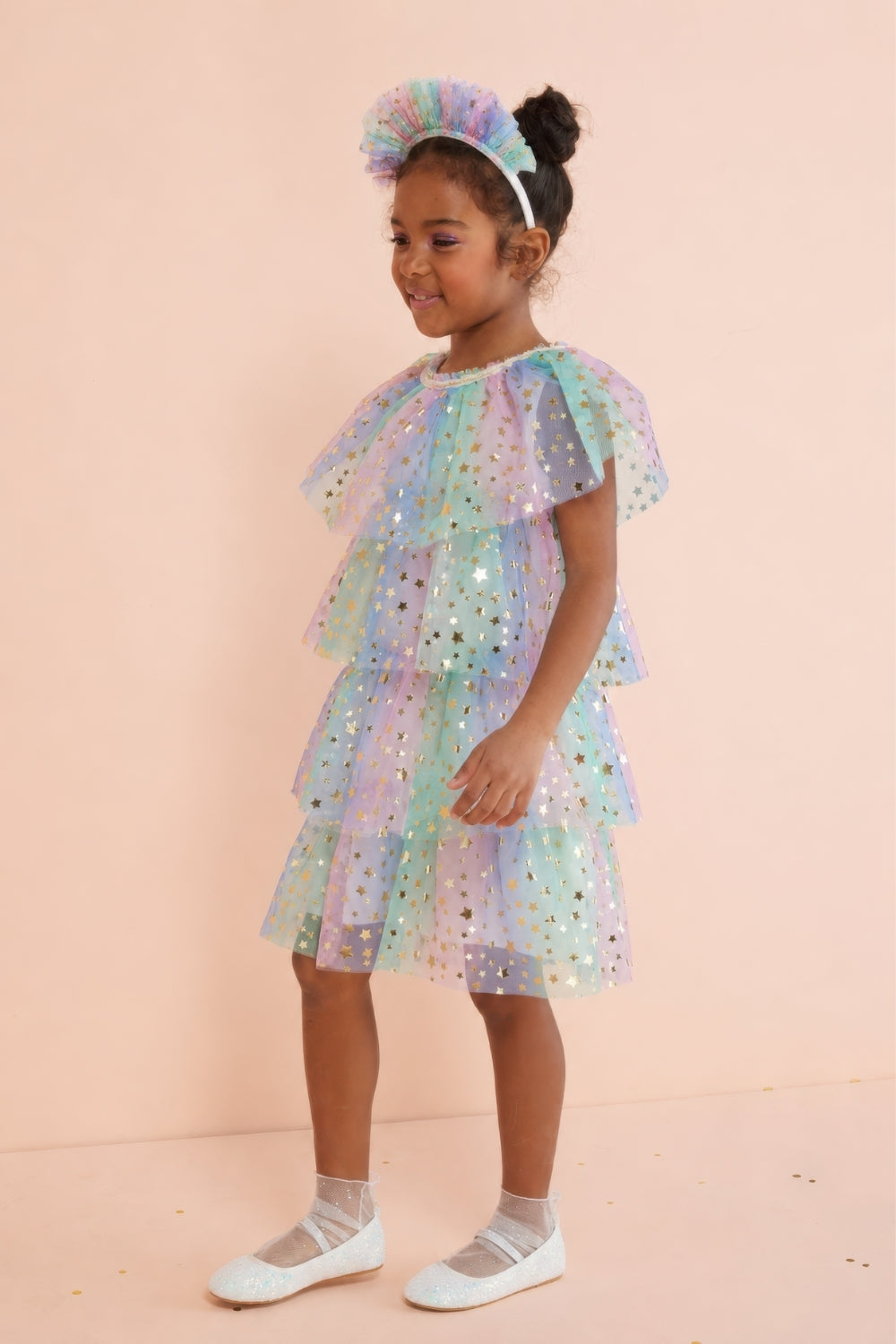 Estella Girls’ Multicolor Star Print Layered Tulle Dress & Crown Set
