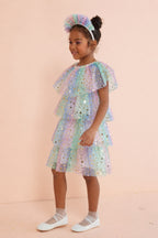 Estella Girls’ Multicolor Star Print Layered Tulle Dress & Crown Set