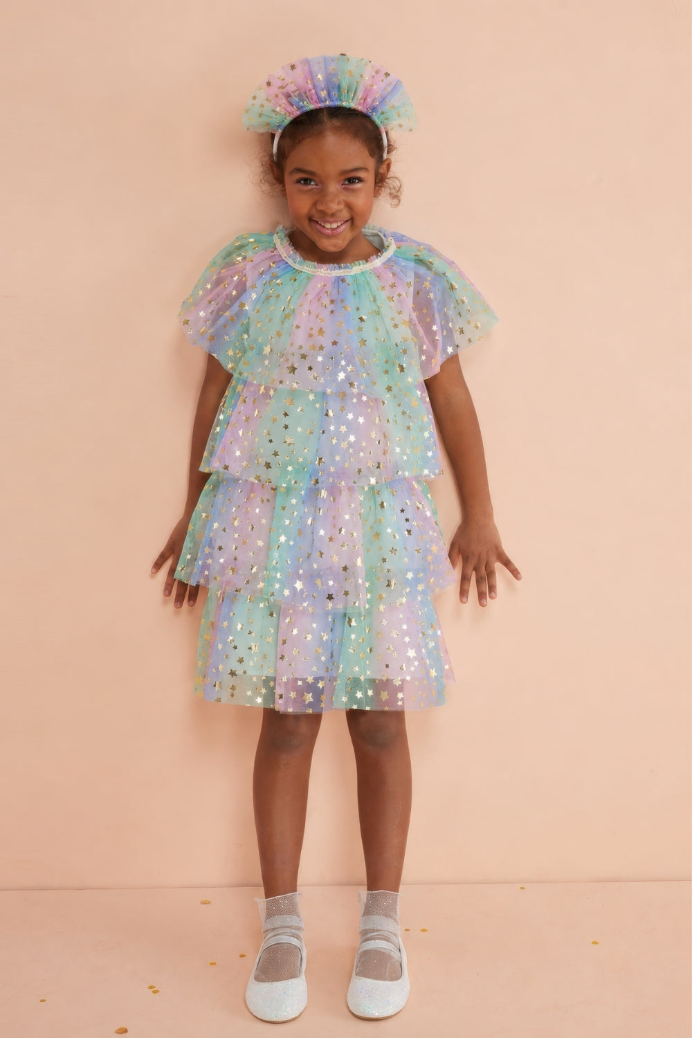 Estella Girls’ Multicolor Star Print Layered Tulle Dress & Crown Set