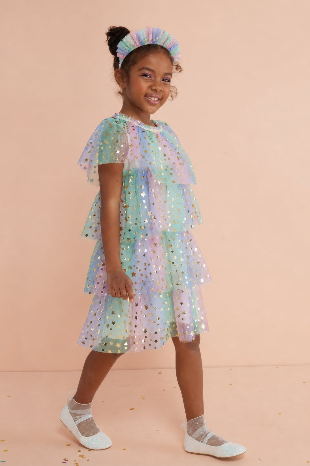 Estella Girls’ Multicolor Star Print Layered Tulle Dress & Crown Set
