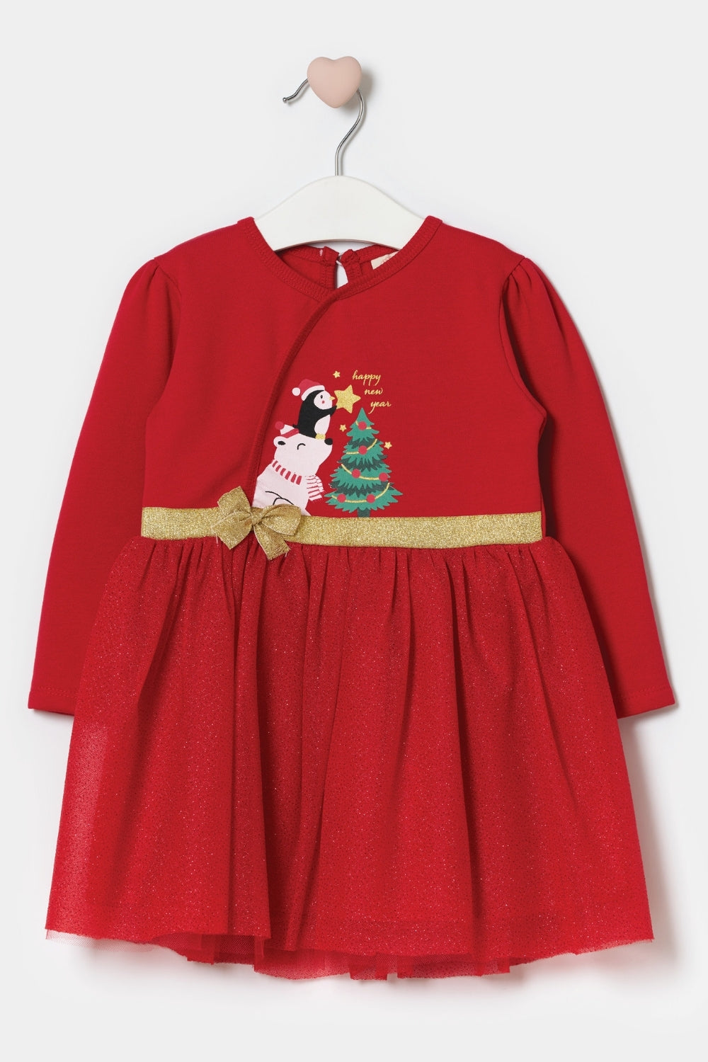 Betty Baby Girls’ Red Christmas Tree Print Tulle Dress