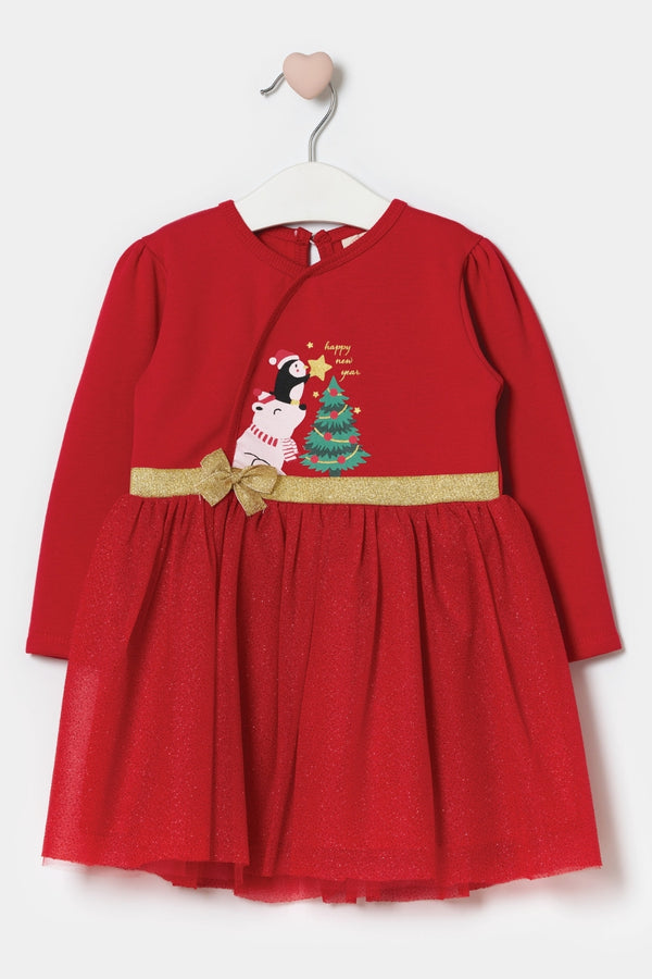Betty Baby Girls’ Red Christmas Tree Print Tulle Dress