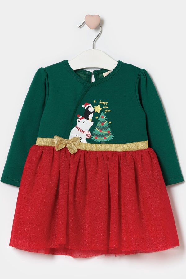 Betty Baby Girls’ Green Christmas Tree Print Tulle Dress