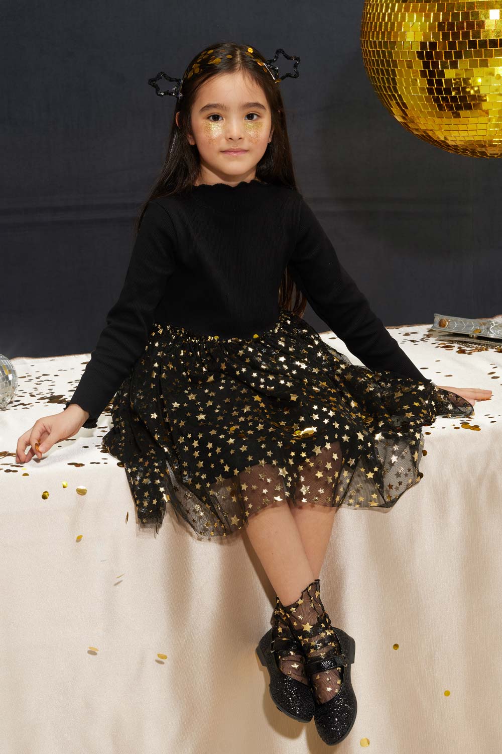 Karen Girls’ Black Star Print Tulle Dress