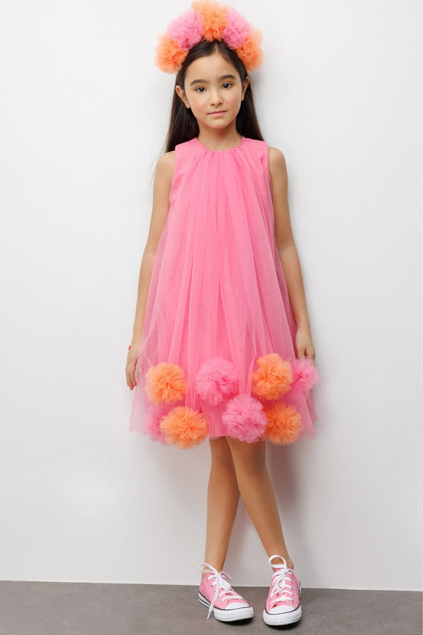 Alexa Girls’ Fuchsia Pom-Pom Tulle Dress & Crown Set
