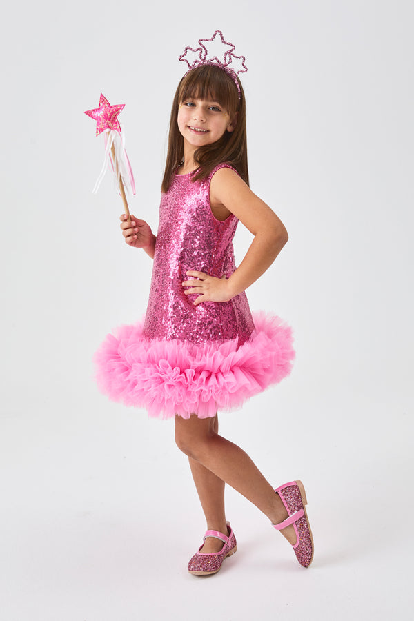 Evie Girls’ Fuchsia Sequin Dress with Tulle Hem & Pink Star Crown Set