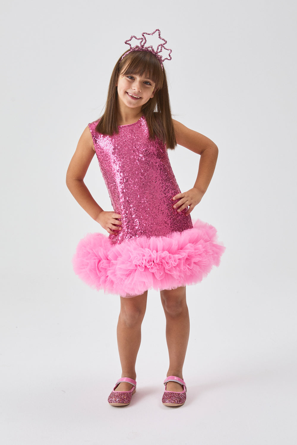 Evie Girls’ Fuchsia Sequin Dress with Tulle Hem & Pink Star Crown Set