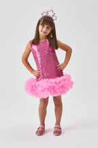 Evie Girls’ Fuchsia Sequin Dress with Tulle Hem & Pink Star Crown Set