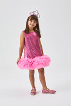 Evie Girls’ Fuchsia Sequin Dress with Tulle Hem & Pink Star Crown Set
