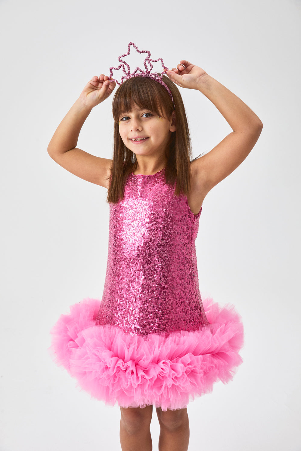 Evie Girls’ Fuchsia Sequin Dress with Tulle Hem & Pink Star Crown Set