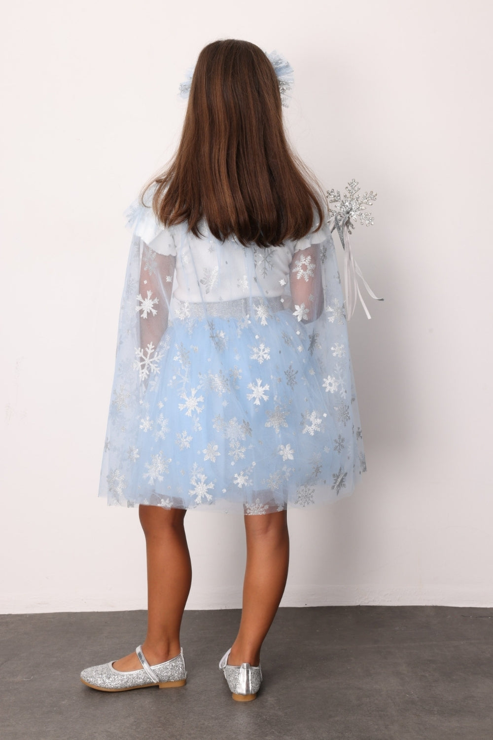 Pauline Girls’ Blue Snowflake Tulle Skirt, Cape, Staff & Crown Costume Set