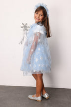 Pauline Girls’ Blue Snowflake Tulle Skirt, Cape, Staff & Crown Costume Set