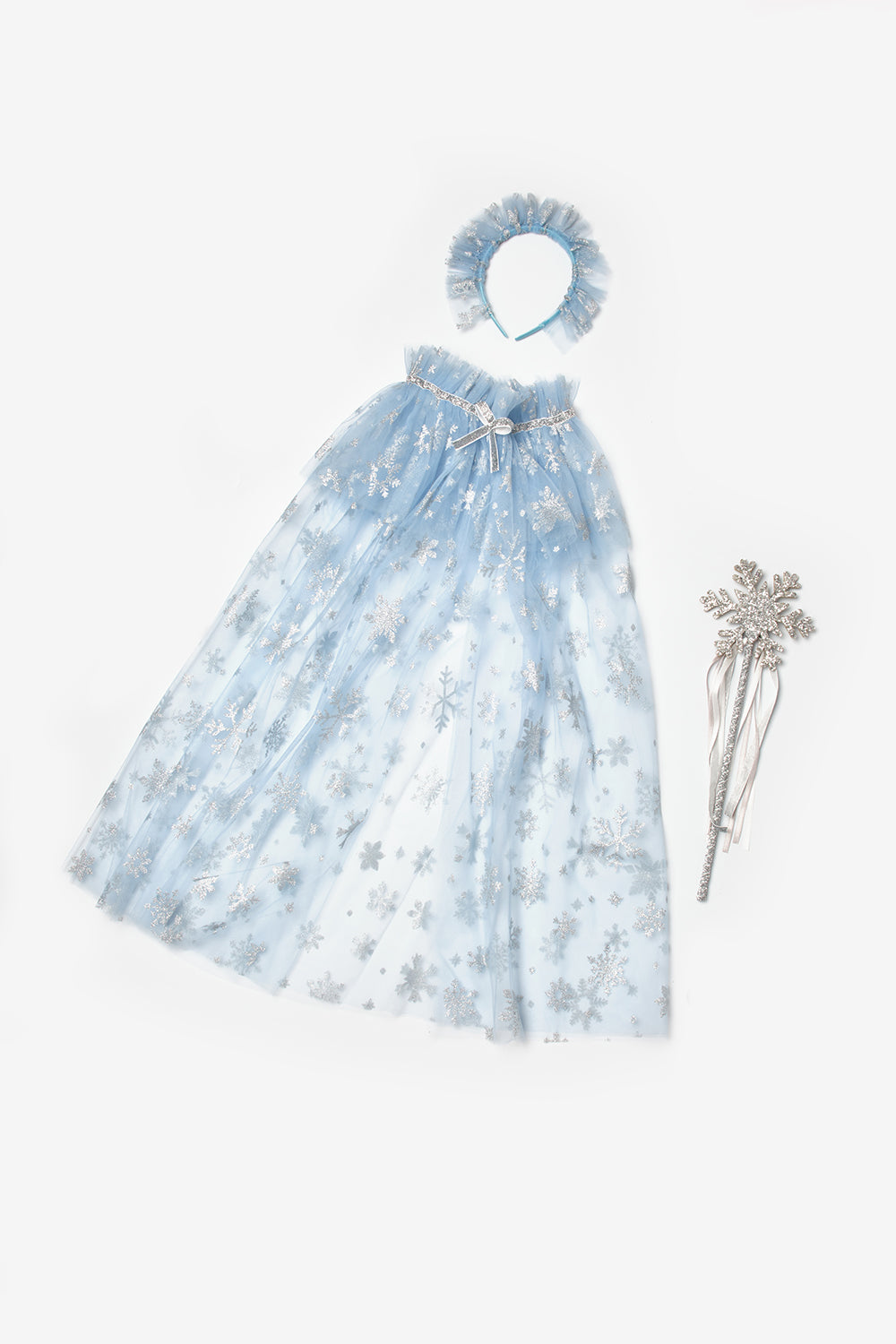 Pauline Girls’ Blue Snowflake Tulle Skirt, Cape, Staff & Crown Costume Set
