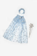 Pauline Girls’ Blue Snowflake Tulle Skirt, Cape, Staff & Crown Costume Set
