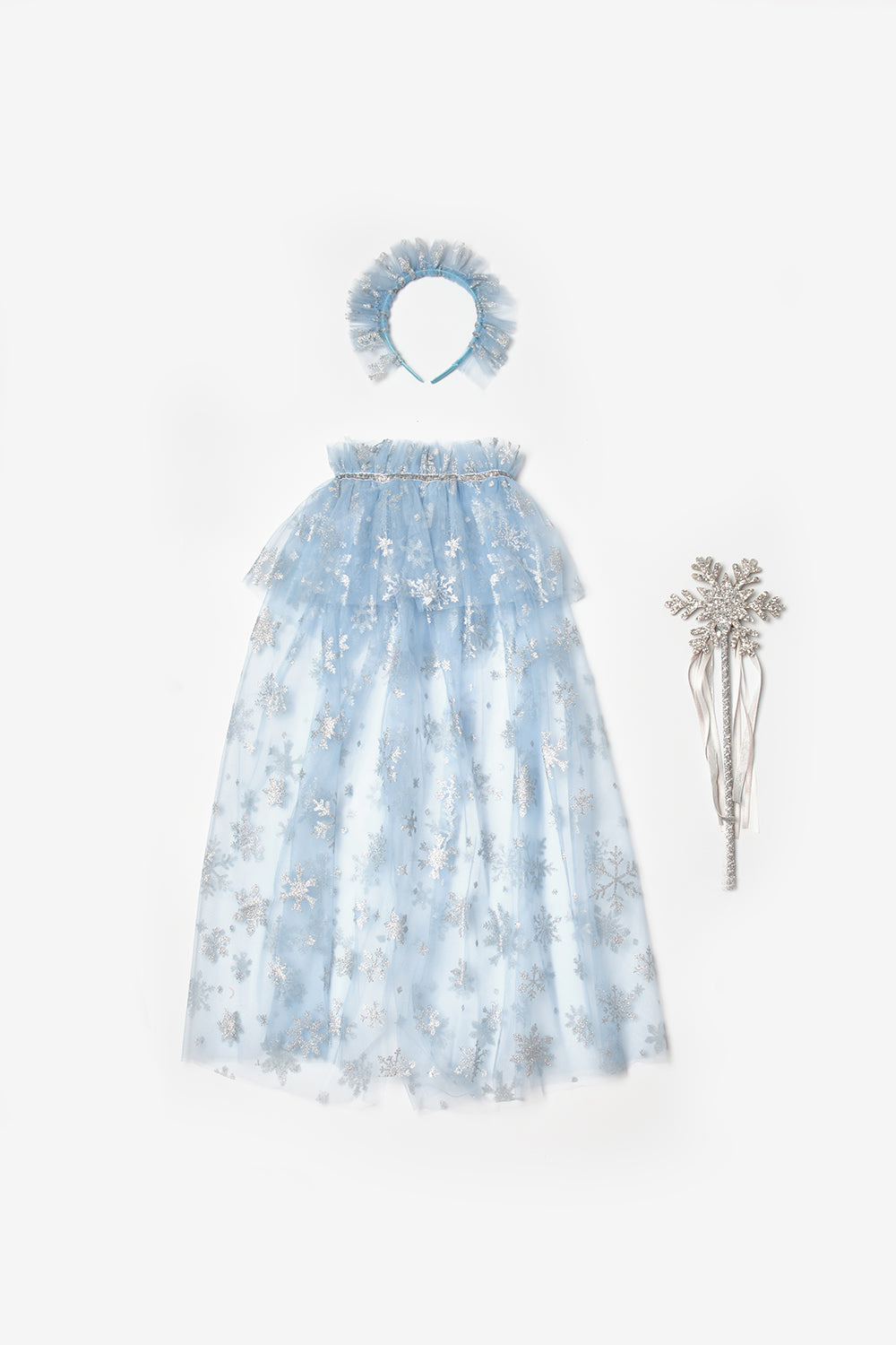 Pauline Girls’ Blue Snowflake Tulle Skirt, Cape, Staff & Crown Costume Set