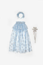 Pauline Girls’ Blue Snowflake Tulle Skirt, Cape, Staff & Crown Costume Set