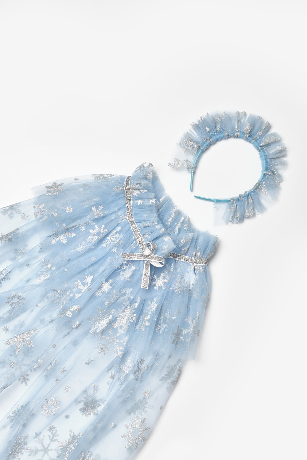 Pauline Girls’ Blue Snowflake Tulle Skirt, Cape, Staff & Crown Costume Set