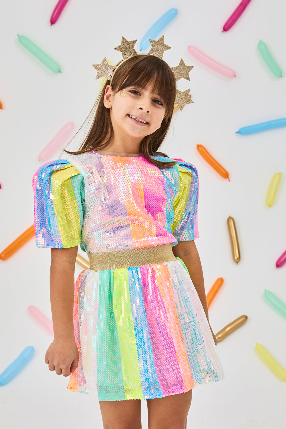 Dena Girls’ Multicolor Rainbow Sequin Skirt, Top & Gold Star Crown Set