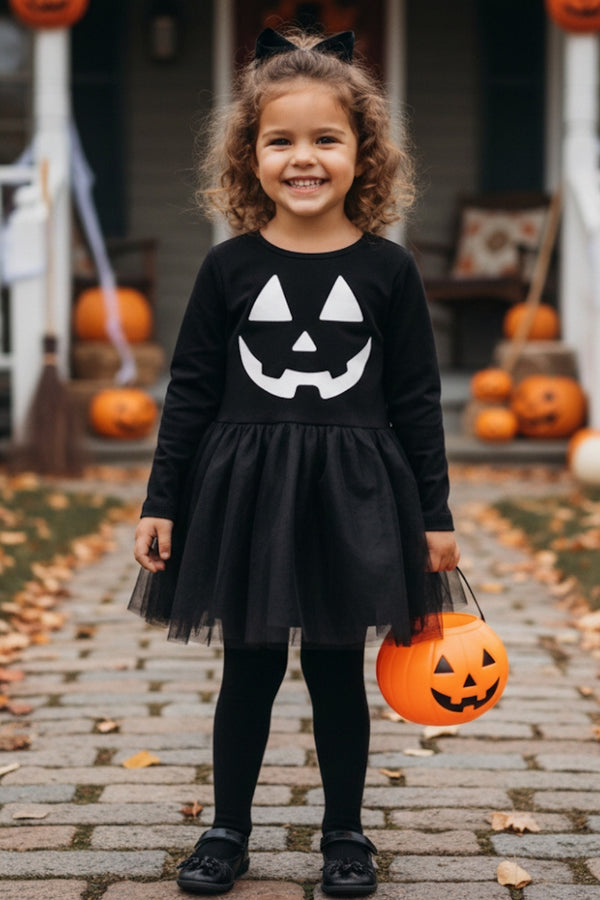 Sandra Girls’ Black Pumpkin Print Tulle Halloween Dress