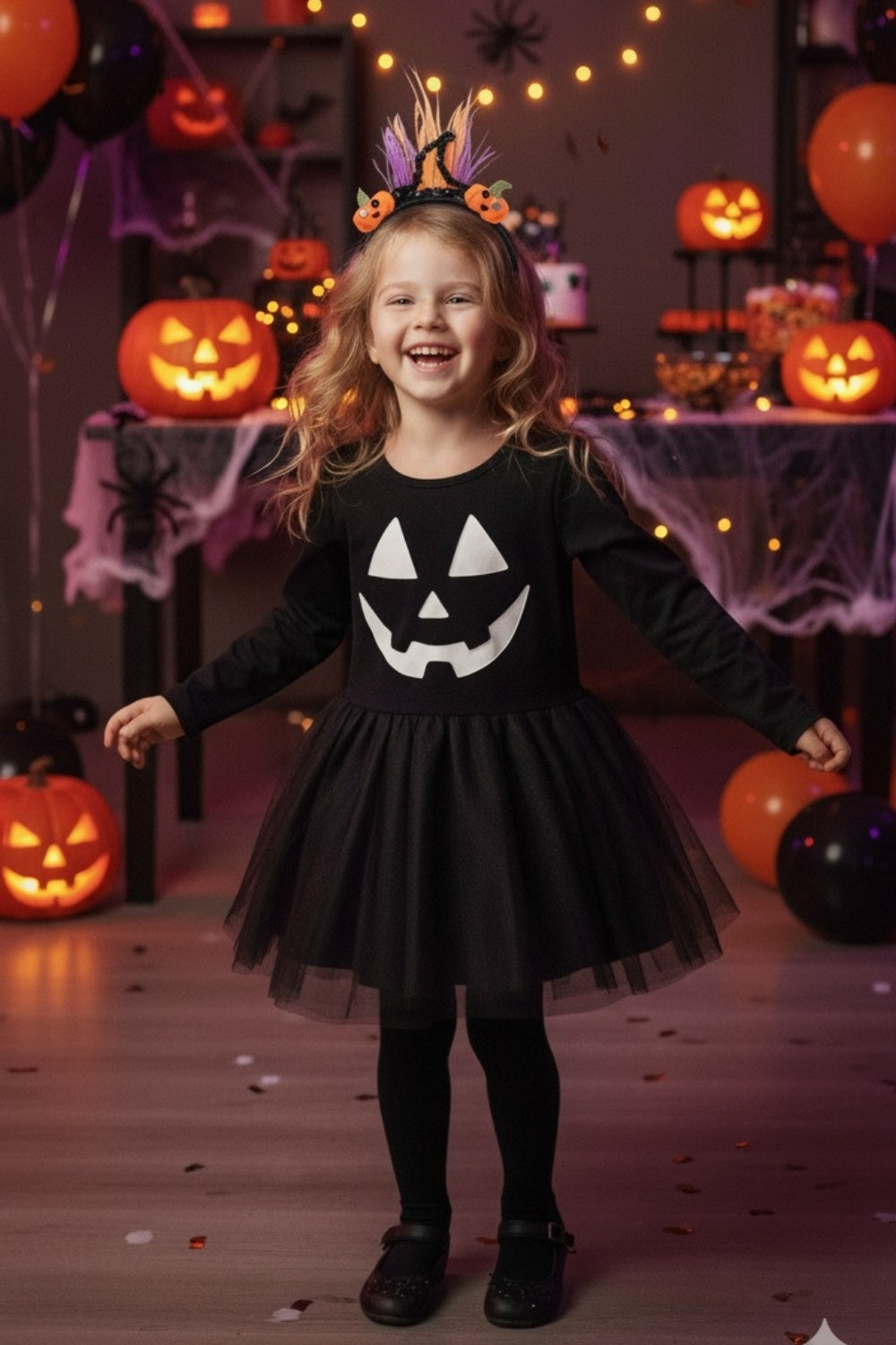 Sandra Girls’ Black Pumpkin Print Tulle Halloween Dress