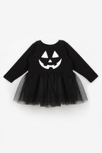 Sandra Girls’ Black Pumpkin Print Tulle Halloween Dress