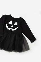 Sandra Girls’ Black Pumpkin Print Tulle Halloween Dress