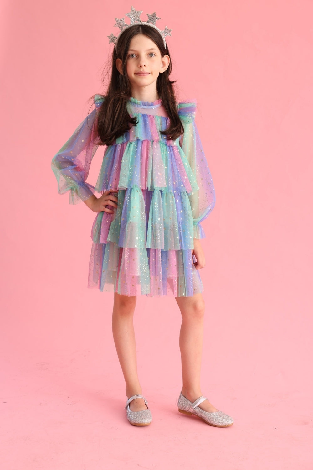 Chloe Girls’ Lilac Star Print Tiered Dress & Silver Star Crown Set