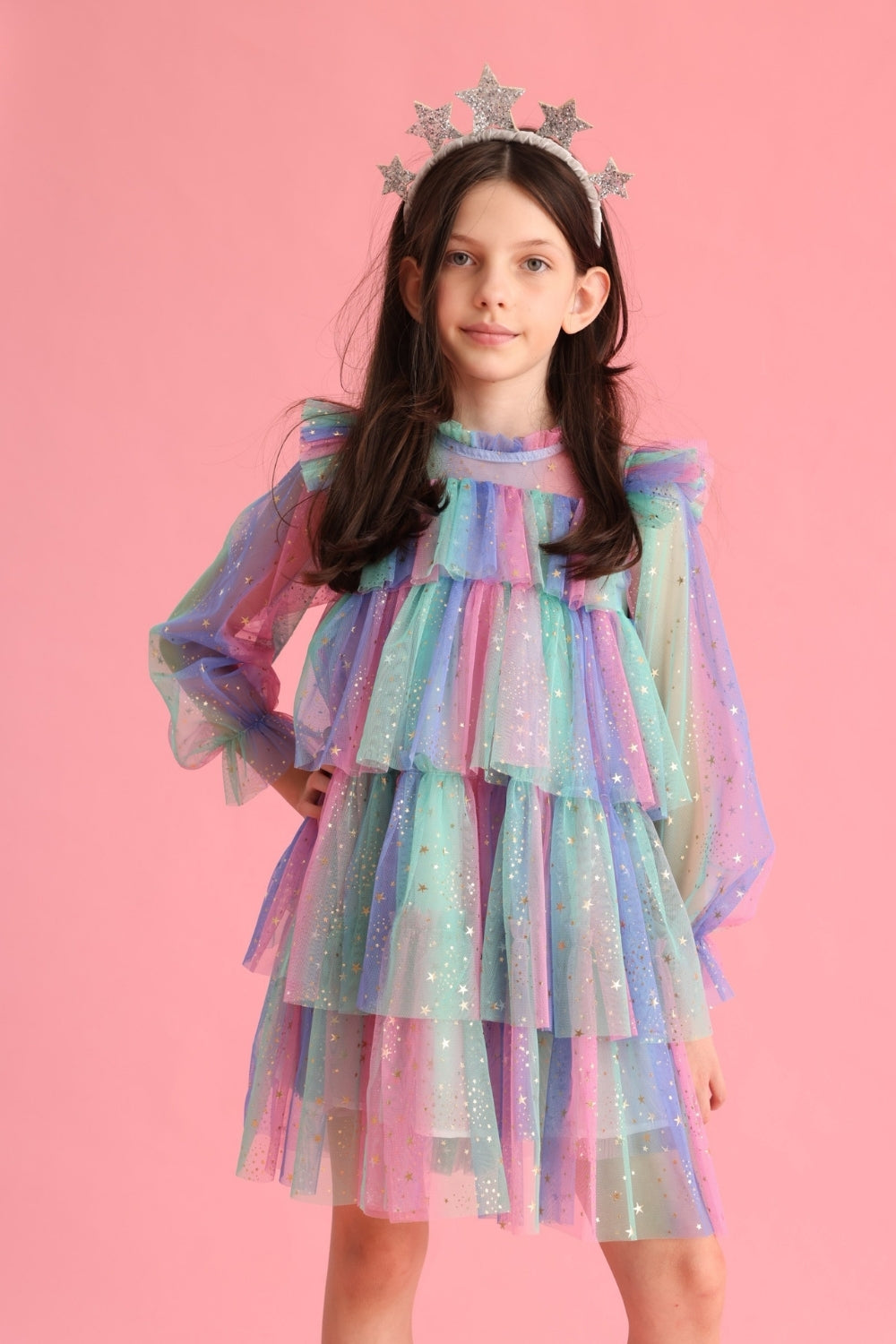 Chloe Girls’ Lilac Star Print Tiered Dress & Silver Star Crown Set