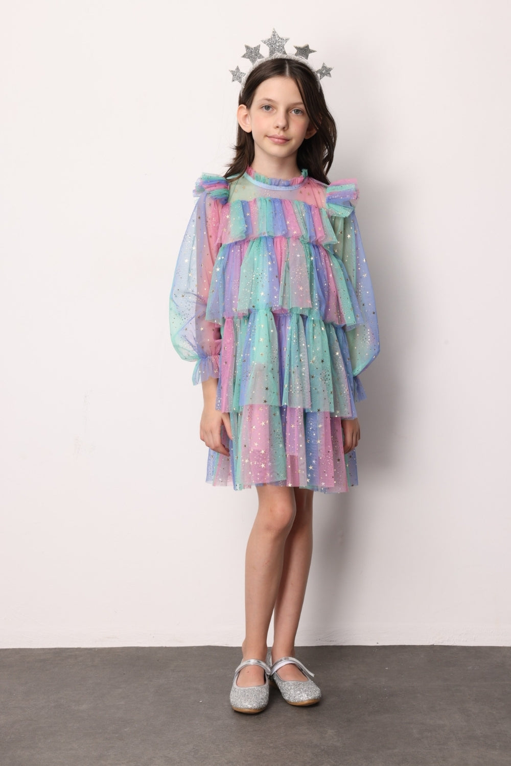Chloe Girls’ Lilac Star Print Tiered Dress & Silver Star Crown Set
