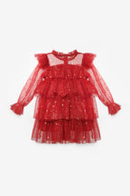 Chloe Girls’ Red Star Print Tiered Dress, Gold Star Crown & Bag Set