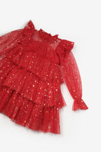 Chloe Girls’ Red Star Print Tiered Dress, Gold Star Crown & Bag Set