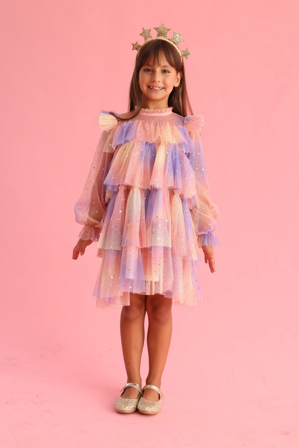 Chloe Girls’ Yellow Star Print Tiered Dress & Silver Star Crown Set