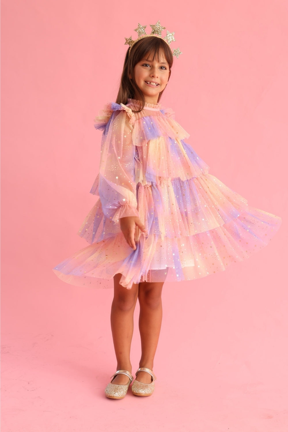 Chloe Girls’ Yellow Star Print Tiered Dress & Silver Star Crown Set
