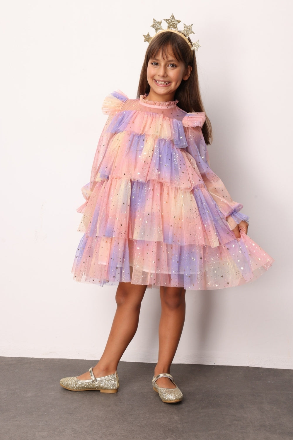 Chloe Girls’ Yellow Star Print Tiered Dress & Silver Star Crown Set