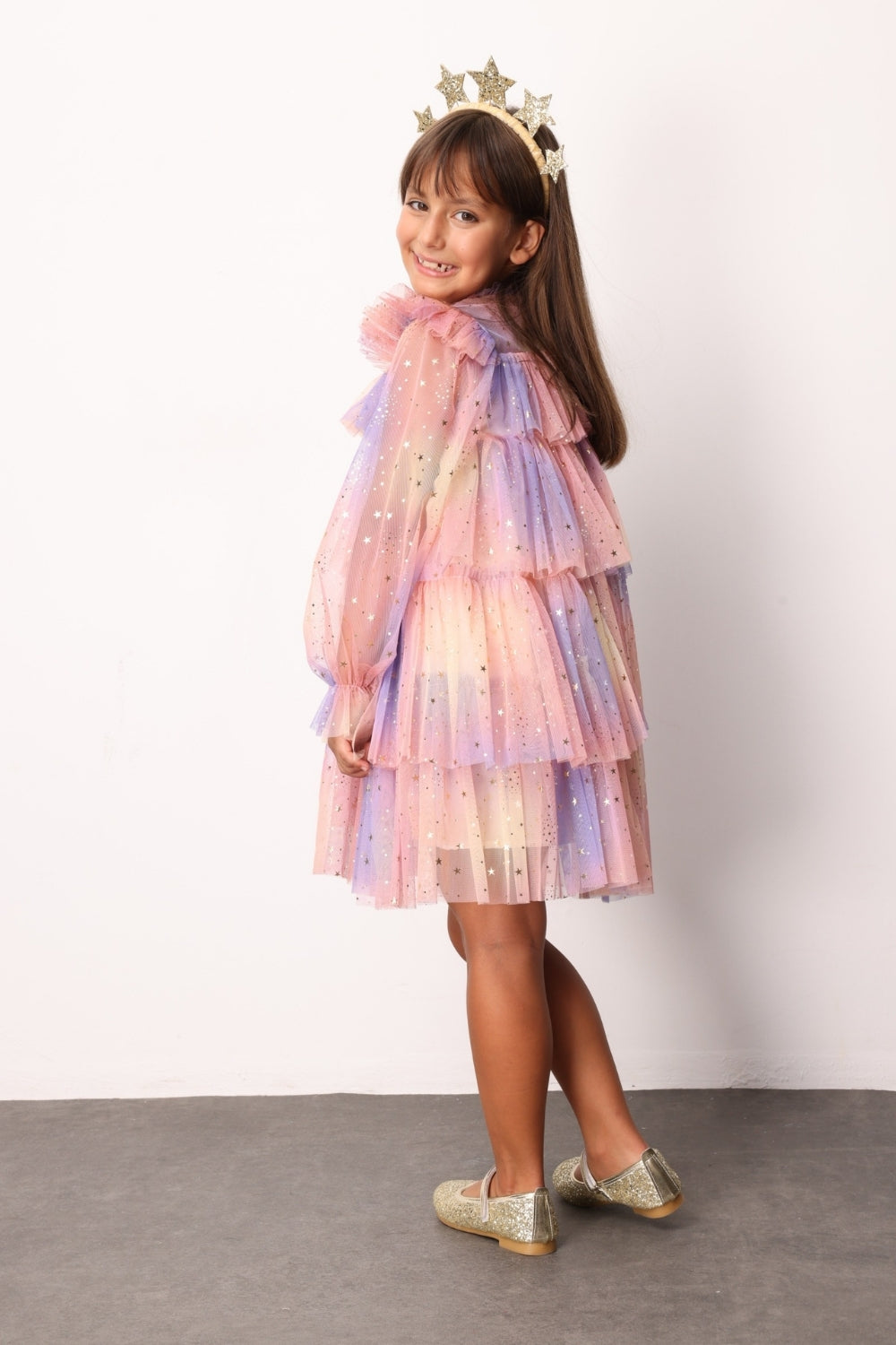 Chloe Girls’ Yellow Star Print Tiered Dress & Silver Star Crown Set