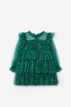 Chloe Girls’ Green Star Print Tiered Dress, Gold Star Crown & Bag Set